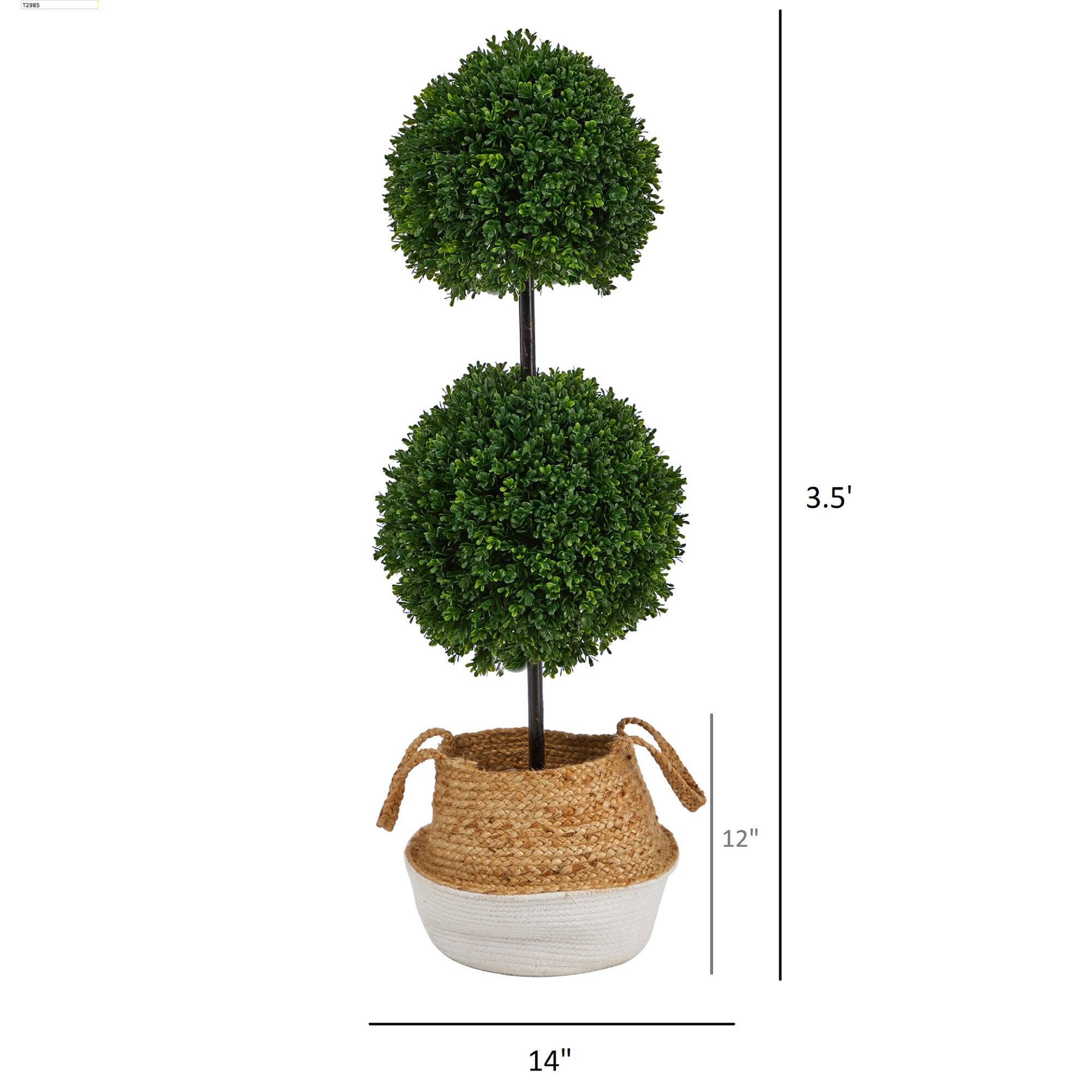 3.5ft. Boxwood Double Ball Artificial Topiary Tree in Boho Chic Handmade Cotton & Jute White Woven Planter UV Resistant (Indoor/Outdoor)